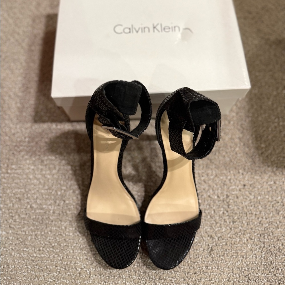 Calvin Klein Vivian Patent Snake Black Ankle Strap Heels